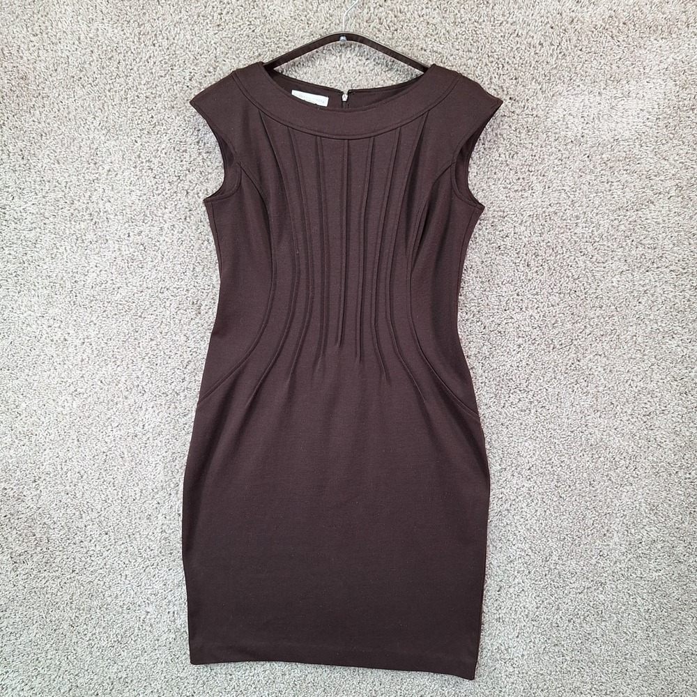 London Times Dress Womens 8 Brown Sheath Pleated Front Business Casual Office